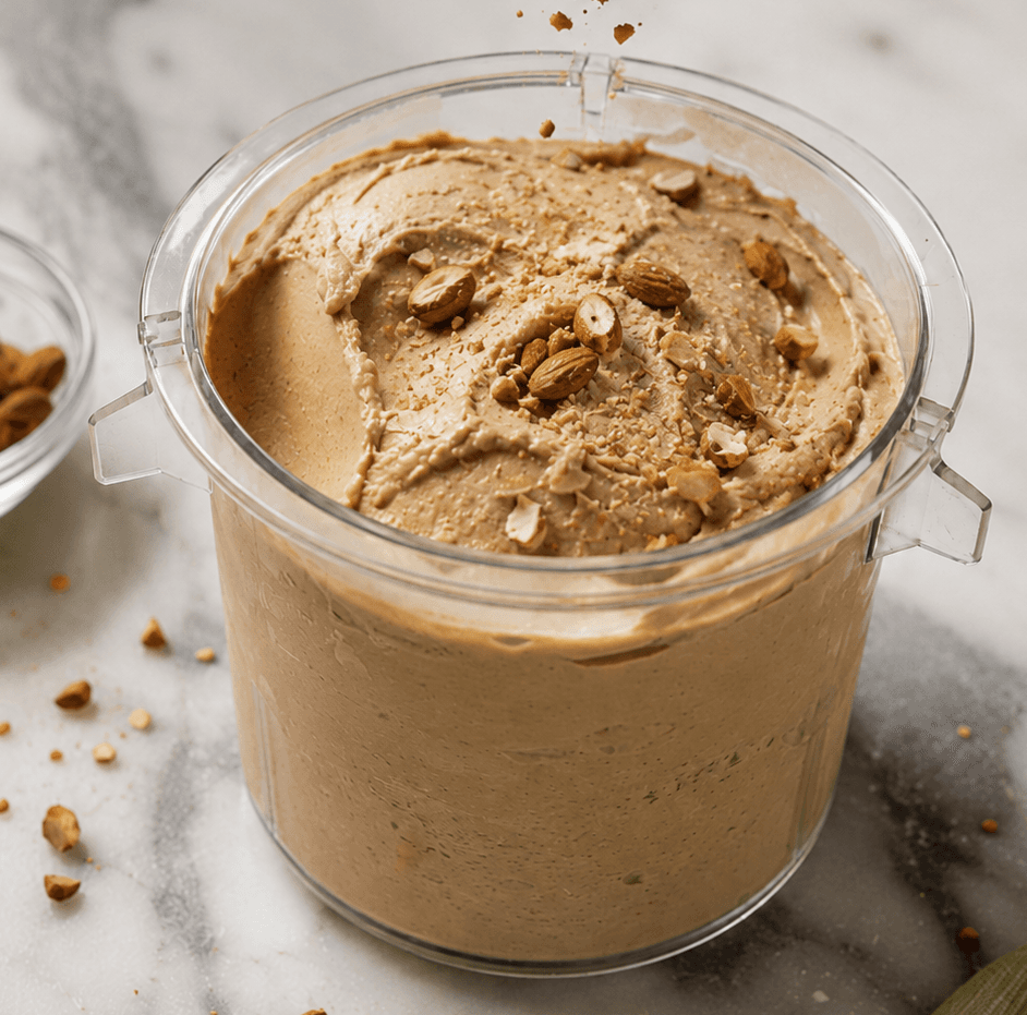 Creamy freshly processed ice cream topped with almonds in the CONIVO container