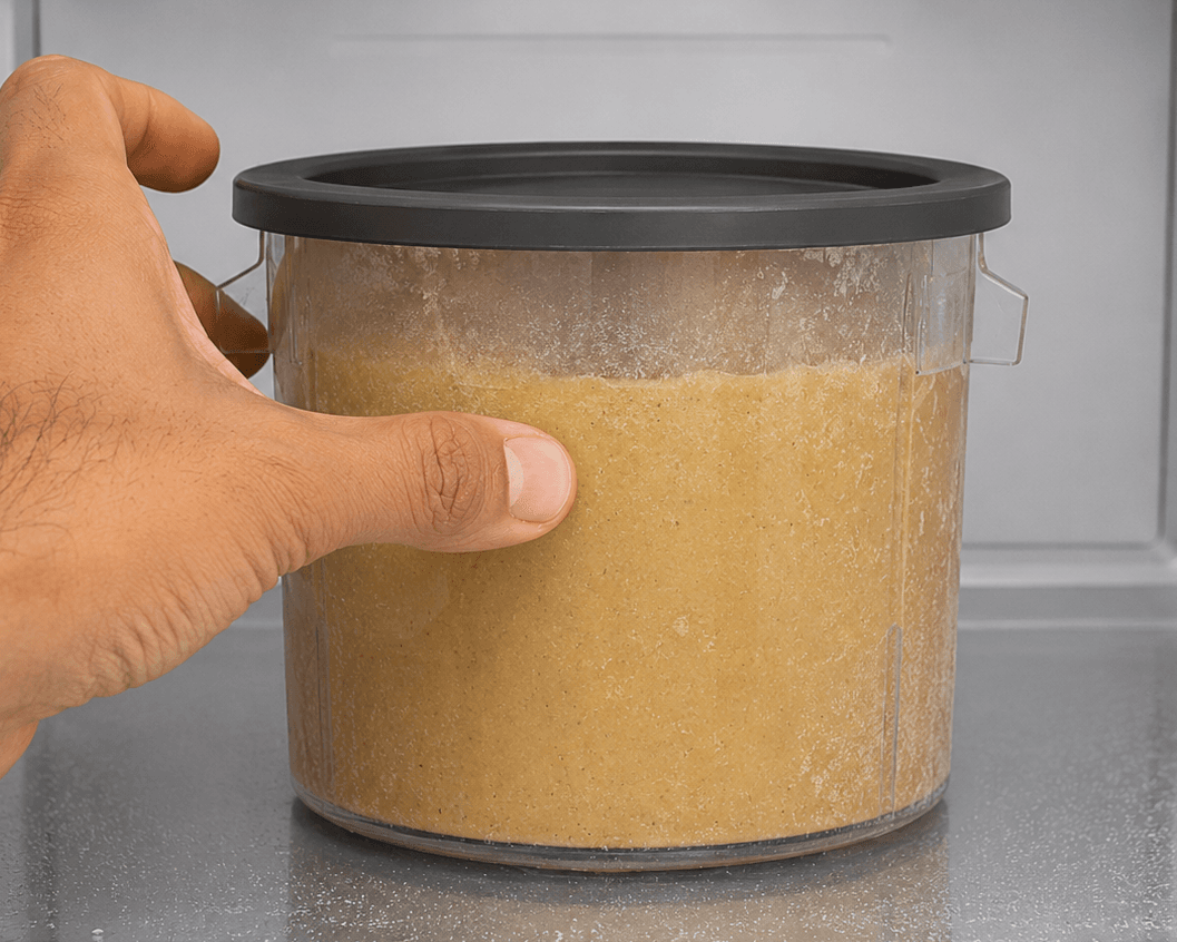 Frozen CONIVO container with its lid placed inside the freezer